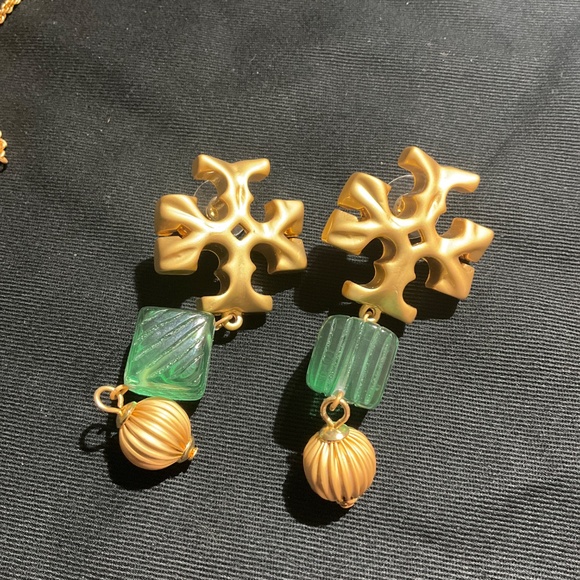 Tory Burch Roxanne Azure Green 18K Gold Plated Double Drop Clip-On Earri… - Picture 4 of 5